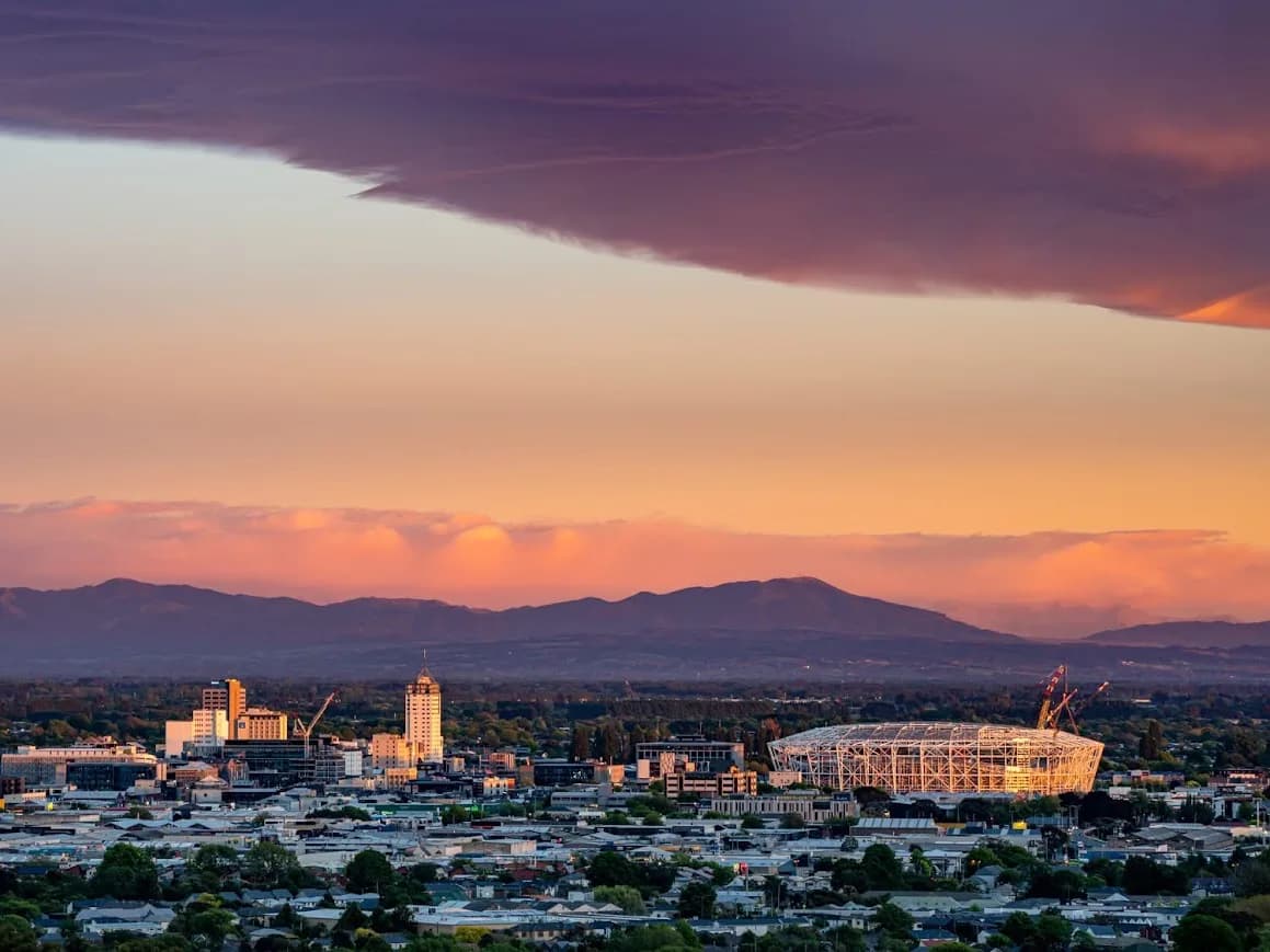 Sunset over Christchurch, New Zealand, seen from Verna's home