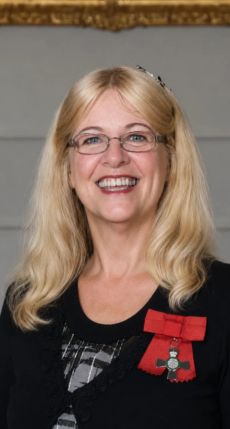 Verna McFelin wearing the insignia of a Member of the New Zealand Order of Merit